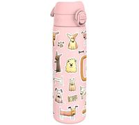 ION8 Gourde Inox Léger, 600ml, Non Isolé, Anti-Fuite, Facile à Ouvrir, Verrouillage Sécurisé, Lavable au Lave-Vaisselle, Poignée de Transport, Durable, Acier Inoxydable, Motif 3D Chiens