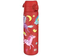 Ion8 Gourde Inox, 600ml, Anti-Fuite, Facile à Ouvrir, Verrouillage Sécurisé, Lavable au Lave-Vaisselle, Poignée de Transport, Durable, Acier Inoxydable, Motif 3D Licornes Rouge