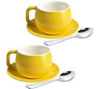 ionEgg Lot de 2 tasses à café en porcelaine avec soucoupes et cuillères 270 ml pour latte, cappuccino et thé Jaune
