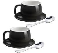 ionEgg Lot de 2 tasses à café en porcelaine avec soucoupes et cuillères 270 ml pour latte, cappuccino et thé Noir