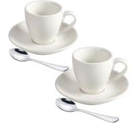 ionEgg Lot de 2 tasses à expresso en porcelaine avec soucoupe et mini cuillères en acier inoxydable, 80 ml, blanc