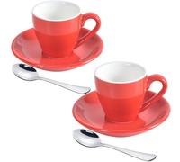 ionEgg Lot de 2 tasses à expresso en porcelaine avec soucoupe et mini cuillères en acier inoxydable, 80 ml, rouge