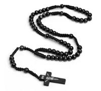 IONOMAT Chapelet Catholique en Bois Noir, Collier de Prière 60 cm, Pendentif Religion Croix Crucifix, Corde Tressée, Bijoux Religieux pour Hommes et Femmes
