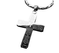 IONOMAT Collier Croix Chrétienne en Acier Inoxydable, Pendentif avec Prière Notre Père Gravée, Chaîne 50 cm, Jésus de la Bible Pendentif Chrétien