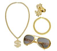 IOPJLK Kit de Colliers et Bagues Hip Hop, Kit de Chaîne de Dollar, Chaîne Plaqué de Signe Dollar, Accessoires de Rappeur des Années 80/90 pour Party de Carnaval, Cosplay, Soirées Concerts Rap