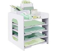 IOUGDSEC Bac à courrier 5 niveaux avec porte-stylos pour Bureau,Organiseur de Empilable Porte Documents A4,banette de rangement casier bureau Bois Plastique le la maison, l'école