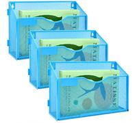 IOUGDSEC Lot de 3 porte-documents muraux en maille A4 à suspendre au format A4, porte-documents, courrier, magazines, rangement en maille métallique durable, bleu ciel