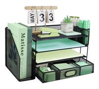 IOUGDSEC Organisateur de bureau avec porte-documents, plateau en papier à 3 niveaux, organisateur de bureau en maille avec porte-revues pour fournitures de maison et de bureau, Noir