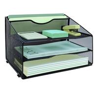 IOUGDSEC Organiseur de bureau à 3 niveaux avec 2 trieurs de fichiers verticaux supplémentaires, bac à courrier pour papier A4, porte-magazines pour bureau à domicile, noir