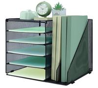 IOUGDSEC Organiseur de bureau à 5 niveaux avec 2 trieurs de fichiers verticaux supplémentaires, bac à courrier pour papier A4, porte-magazines et documents pour bureau à domicile, noir
