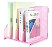 IOUGDSEC Porte-revues en métal pour bureau avec 4 compartiments verticaux, porte-documents A4 avec poignée, porte-documents en maille durable pour bureau, école et maison, rose