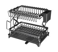 Iouyjiu Kitchen Dish Rack - 2 Tier Drying Organizer for Pots Bowls Storage | Metal Frame with Drainage Board and Utensil Holders, Over Sink Rack Perfect for Cups Pans Cutting Boards