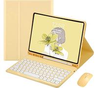 Ipad Air 4e Génération 10,9 Pouces 2020/Ipad Air 5e Génération 10,9 Pouces 2022 étui Clavier avec Souris Mignon Couleur Clavier Rétro Rond onbons Couleurs Bluetooth Détachable Clavier (Jaune)
