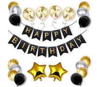 iPartyCool 36pcs Birthday Party Decorations, Premium Happy Birthday Banner, 3D Black Gold Style Foil Star Balloon Metallic Confetti Balloons for Kids Boys Men Women Adults