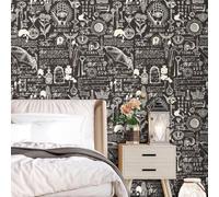 iPaste Papier peint à décoller et à coller sur le thème de l'alchimie pour salle de bain, chauve-souris, bougie, symboles occultes, mots latins, esprit, 44,5 x 1206,5 cm, marron foncé