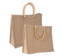 IPEA 2x Sac Toile Jute avec Poignées en Bois pour Shopping, Courses et Temps Libre - 2 Pièces - Shopper Jute Véritable - Sac Cabas pour Soirée, Mer, Plage - Design Rétro Elégant - 35 x 30 cm