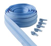IPEA Fermeture éclair Bleu Ciel Chaîne Continue de 5 Mètres + 15 Curseurs en Métal - Chaîne Mesure #5 - Made in Italy - Charnières en Nylon - Zip - Découpe pour Couture au Metre - Largeur 30 mm