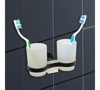 IPEA Porte-Brosse à Dents Autocollant Mural avec Double Verre - Pas Besoin de perçage - Design Moderne - élégant Porte-brosses à Dents et Dentifrice - Coller pour Salle de Bain, Douche - Support Noir
