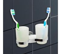 IPEA Porte-Brosse à Dents Autocollant Mural avec Double Verre - Pas Besoin de perçage - Design Moderne - élégant Porte-brosses à Dents et Dentifrice - Coller Salle Bain, Douche - Support Chromé