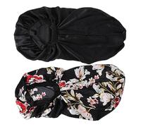 Ipetboom 2pièces Bonnet Long Soie Élastique Pour Sommeil Chapeau De Soins Capillaires Pour Cheveux Bouclés Et Longs Noire Et Fleuriste