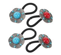 Ipetboom 4 Pièces Élastiques Cheveux Fleurs Ethniques pour Femmes Accessoires Plage Boho avec Perles Lotus et Pierres Bandes Élastiques Souples Bleu et Rouge pour Queue de Cheval