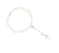 Ipetboom Bracelet Croix Religieuse en Résine Argentée Ajourée Perles Sacrées, Taille Unique Unisexe, Bijou Chapelet Catholique Présent Communion et Fête