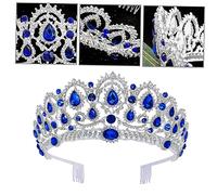 Ipetboom Couronne De Diamant Pour Concours De Beauté Diadème Royal Pour Femme Accessoire Pour Cheveux Bleu Marine Élastique Pour Cheveux De Mariage Strass Fantaisie Bleu