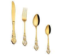 Ipetboom Ensemble de Couverts Steak en Acier Inoxydable 304, Service Occidental Doré 4 Pièces Couteau Gravé Vintage, Vaisselle à Steak pour Repas à Domicile ou Restaurant