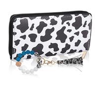 Ipetboom Portefeuille à Imprimé Vache Long en Cuir PU Gris Et Blanc, Porte-Monnaie Zippé avec Porte-clés Bracelet Perlé, Femme, Usage Quotidien Et Sorties, Rangement Cartes Et Billets