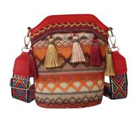 Ipetboom Sac Seau Ethnique Brodé pour Femme avec Bandoulière Sac à Fermeture Éclair Pratique pour Shopping et Voyage Style Bohème Rouge