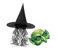Ipetboom Set Costume Femme Halloween avec Perruque Longue Bouclée Chapeau Souple et Masque pour Soirée Cosplay