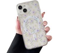 Iphone 13 Case, Iphone 14 Magnetic Case, Transparent Soft Case With Flower Pattern [Compatible With Magsafe Wireless Charging], Heavy Duty Case For Iphone 13/14 6.1"" - Purple Flowers