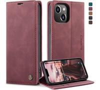 Iphone 14 Case, Premium Pu Leather Shockproof Case Card Slots Wallet Pouch With Stand Function Flip Case For Iphone 14 - Wine Red