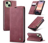 Iphone 15 5G Case, Premium Leather Flip Case With Card Compartment And Stand Function For Apple Iphone 15 5G Wine Red