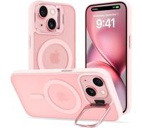 Iphone 15 Case With Kickstand, Compatible With Magsafe, Phone Case With Camera Built-In Metal Stand, Military Grade Protective Cover, Matte Translucent Pink