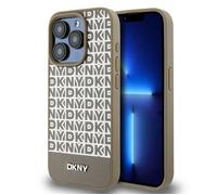 DKNY Coque iPhone 15 Pro DKHMP15LPSOSPW Cuir motif imprimé Logo métal MagSafe Marron