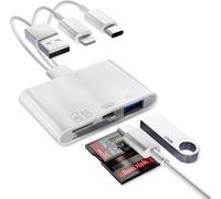 iPhone SD Card Reader, 4 in 1 USB A + USB C + Lightning to SD Card Reader, iPhone SD Card Adapter with SD/Micro SD/USB/Charging, Memory Card Reader for iPhone 16 15/iPad/Samsung/Camera