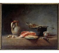 IPLUPJDY Peinture Poster Art Mural en Toile Impression Tableaux Cuivre pot écumoire cruche et tranche de saumon nature morte par Jean Baptiste Simeon Chardin Pour la Décoration Murale 60x90cm
