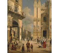 IPLUPJDY Vintage Impressions sur Toile Tableaux en Toile Affiche Décorative Piazza Del Duomo Milan par Angelo Inganni Nordique Peinture Pour la Décoration de la Chambre à Coucher 60x90cm