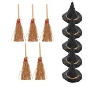 iplusmile 10 Pièces Miniature Witch Hat and Broom Set Lightweight Plastic and Wood Halloween Decoration Accessories for DIY Crafts Party Use