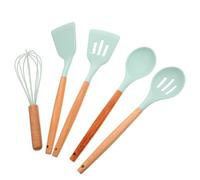 iplusmile 5 pièces Set Ustensiles Cuisine Silicone avec Manche Bois Outils Cuisson Antiadhésifs Résistants Chaleur Spatule Pleine et Ajourée Écumoire Rangement Pratique Suspendu