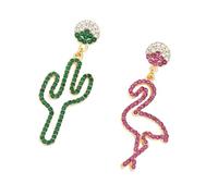 iplusmile Boucles Oreilles Asymétriques Femme Argent Pendantes Cactus et Flamant avec Cristaux Colorés Bijoux Légers Élégants pour Fête et Usage Quotidien