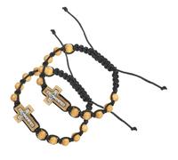 iplusmile Bracelet Chapelet pour Hommes Lot de 2 en Perles de Pin Pendentif Croix Ajustable, Style Vintage Masculin, Bijou pour Prière et Présent Fête des Pères