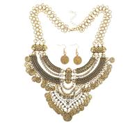 iplusmile Collier Plastron Vintage pour Femme avec Boucles Oreilles Assorties Pendentif à Pompon Bohème Ensemble de Bijoux Ethniques