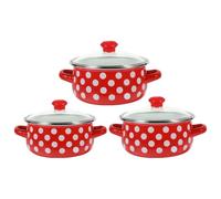 iplusmile Ensemble de Trois Casseroles Émaillées Couvercles, Mini-Marmites Polyvalentes pour Soupe et Ragoût, Fond Rouge à Pois Blancs, Dimensions 12-14-16 CM, Usage Cuisine et Bureau