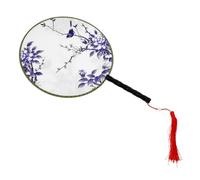 iplusmile Éventail à Main Rond Vintage Chinois Motif Bleu Petit Oiseau, Soie Artisanale, Pliable, pour Danse Et Décoration Intérieure, Accessoire Unique Fait Main