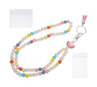 iplusmile Lanière Porte-badge Bois avec Perles Colorées, Porte-clés et 2 Porte-cartes pour Enseignante, Cordon Porte-badge Identification Sécurisé, Accessoire Bureau Pratique et Bohème