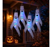 iplusmile Lot de 4 sacs à vent lumineux pour Halloween | 4 visages différents, avec éclairage LED, pour jardin et fête, facile à accrocher, en polyester, atmosphère effrayante