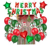 iplusmile Lot de 46 set de Ballons Décoratifs de Noël en Aluminium Rouge et Vert Comprenant Ballons 12 Mat et Pailleté 18 Étoiles et Cœurs Guirlande Spirale et Rideaux Pluvieux 2M