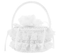 iplusmile Panier à Alliances Brodé en Dentelle de Soie Blanche Poignée Perles - Petit Panier de Demoiselle D’Honneur pour Mariage Fiançailles et Saint-Valentin - Coffret Bague Fiançailles